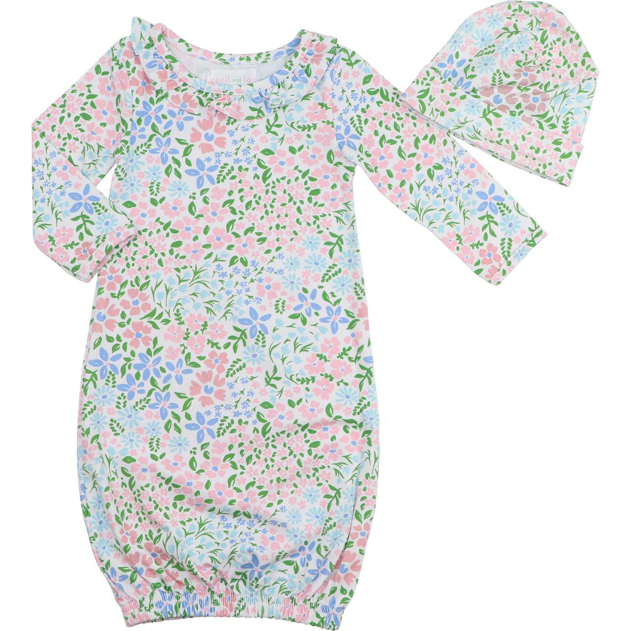 Pink And Blue Floral Knit Baby Gown And Beanie Cecil and Lou