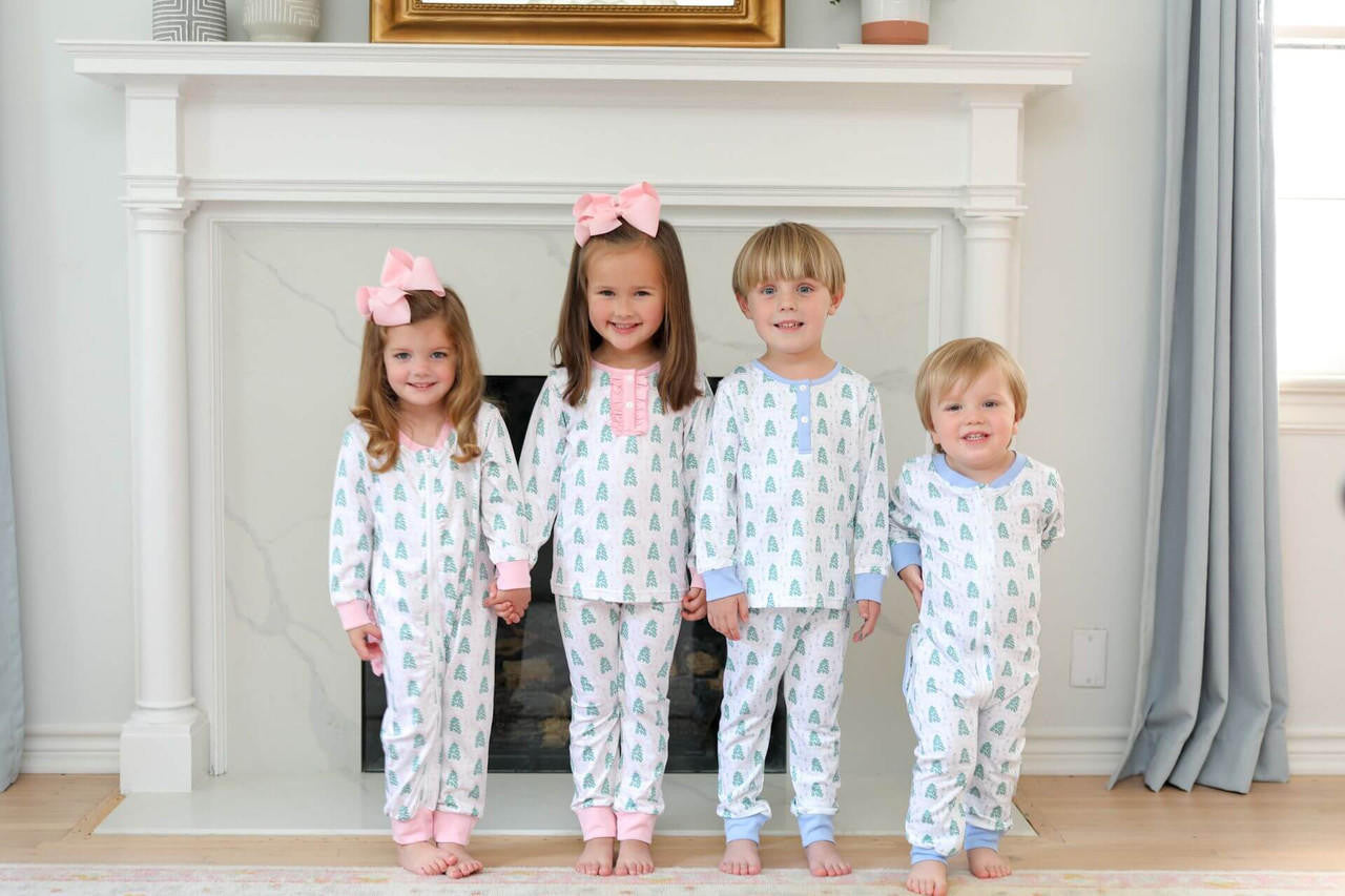 Pink And Green Christmas Tree Print Knit Zipper Pajamas - Shipping Early November Smocked Threads