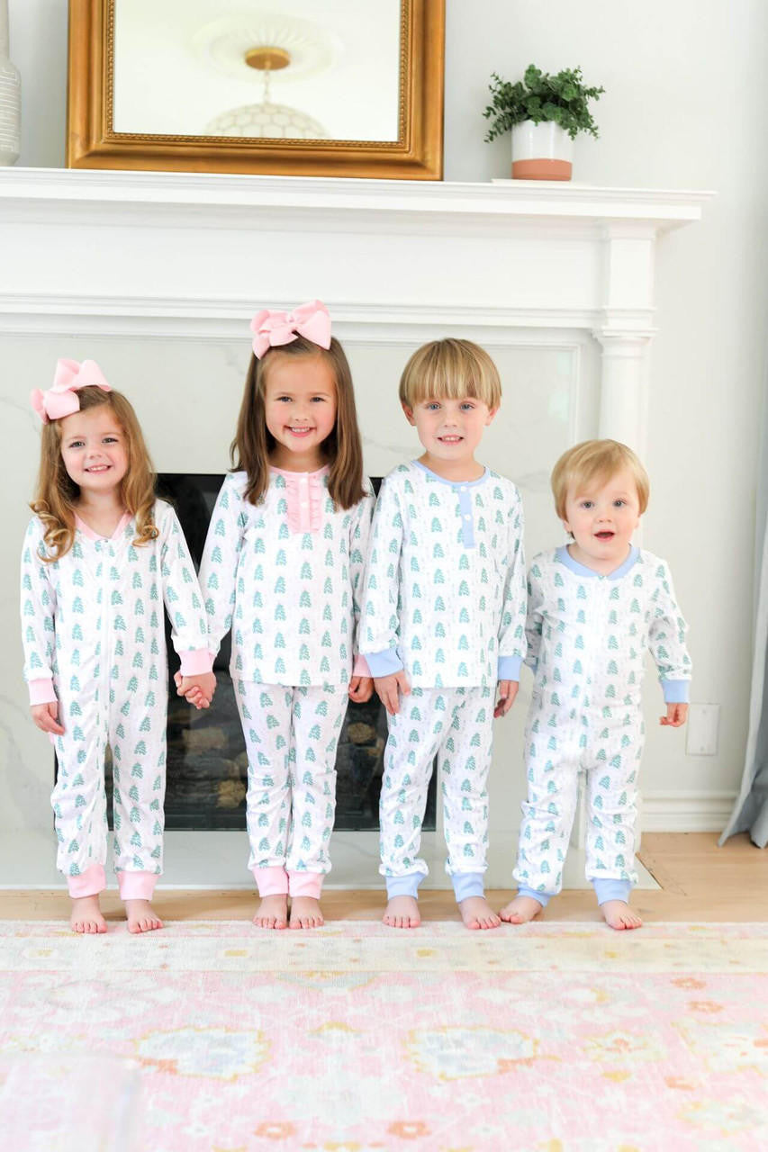 Pink And Green Christmas Tree Print Knit Zipper Pajamas - Shipping Early November Smocked Threads