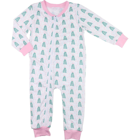 Pink And Green Christmas Tree Print Knit Zipper Pajamas - Shipping Early November Smocked Threads
