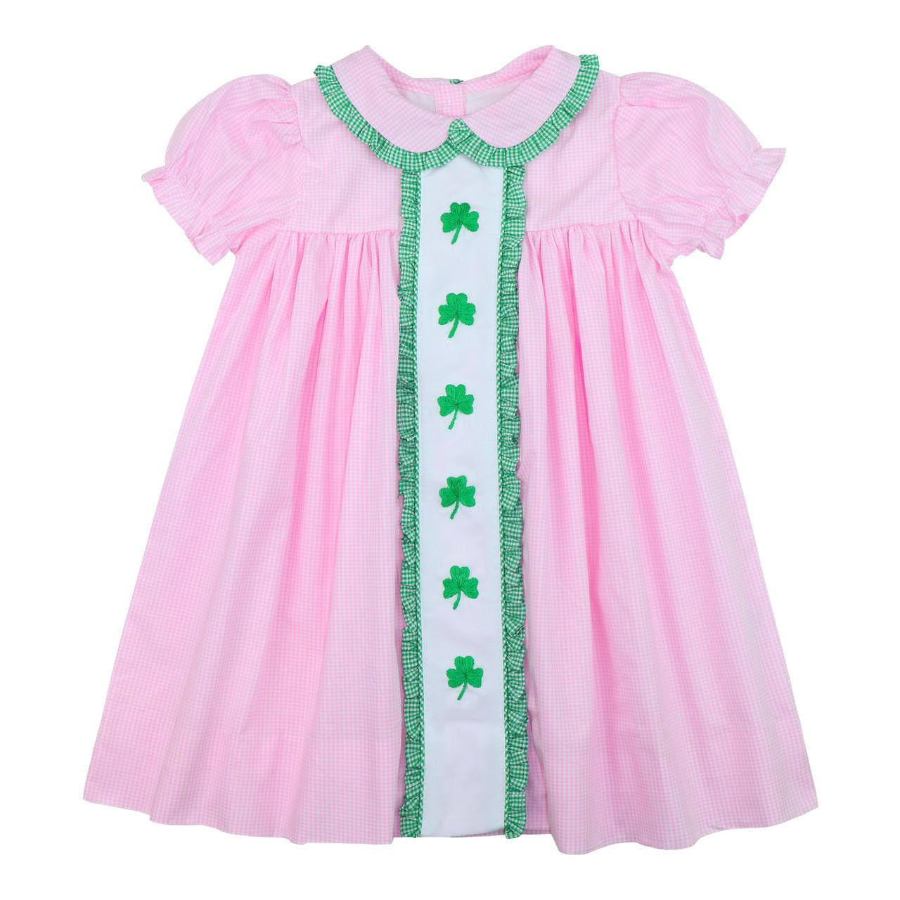 Pink And Green Gingham Embroidered Shamrock Dress Smocked Threads