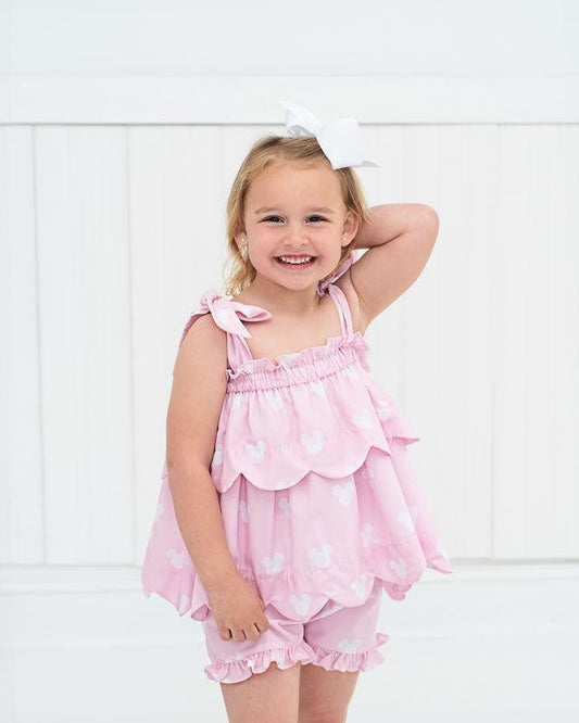 Pink And White Mouse Ears Shoulder Tie Short Set Smocked Threads