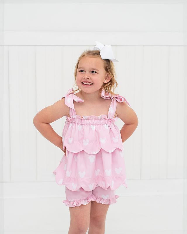 Pink And White Mouse Ears Shoulder Tie Short Set Smocked Threads