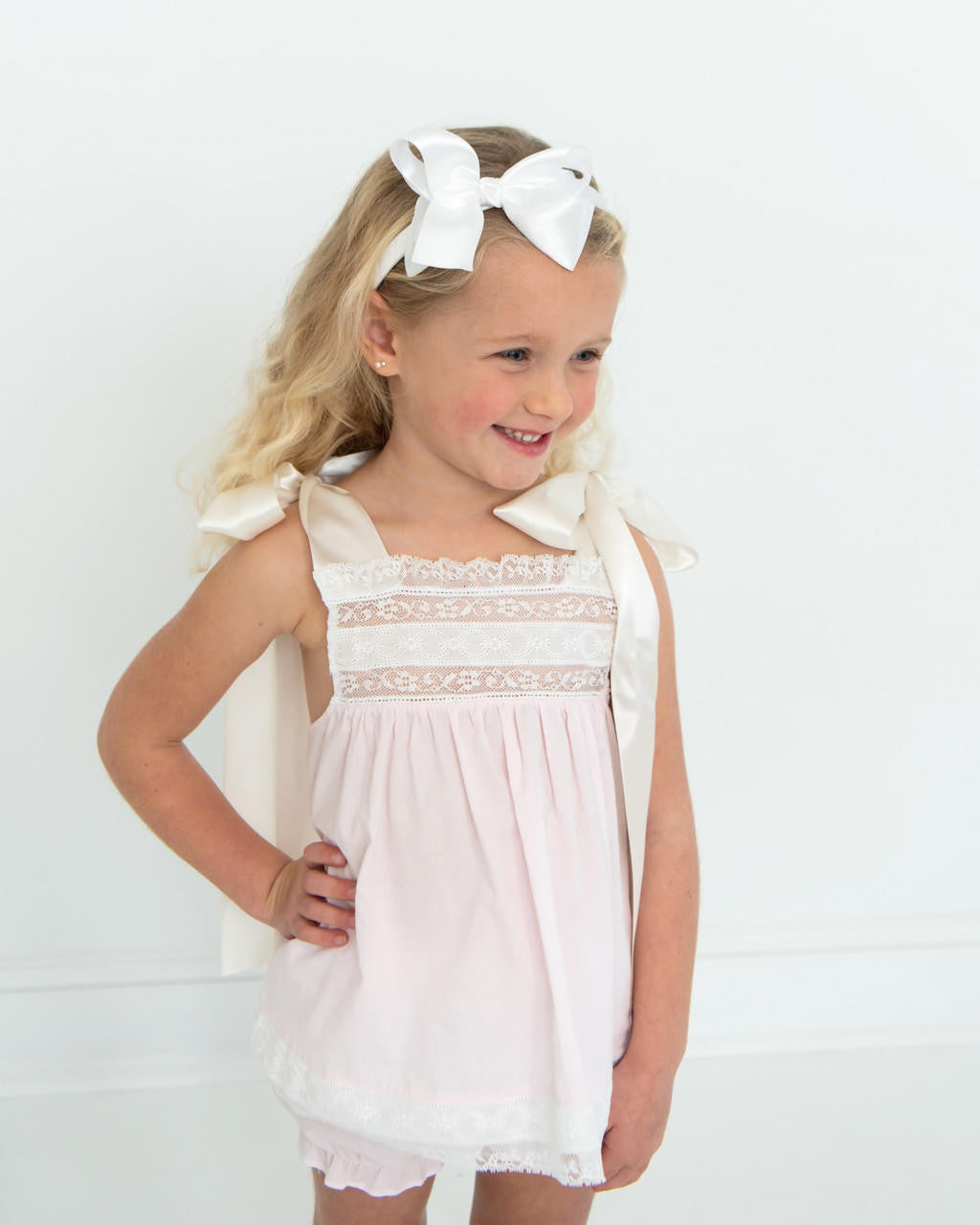 Pink Heirloom Satin Shoulder Tie Diaper Set Smocked Threads