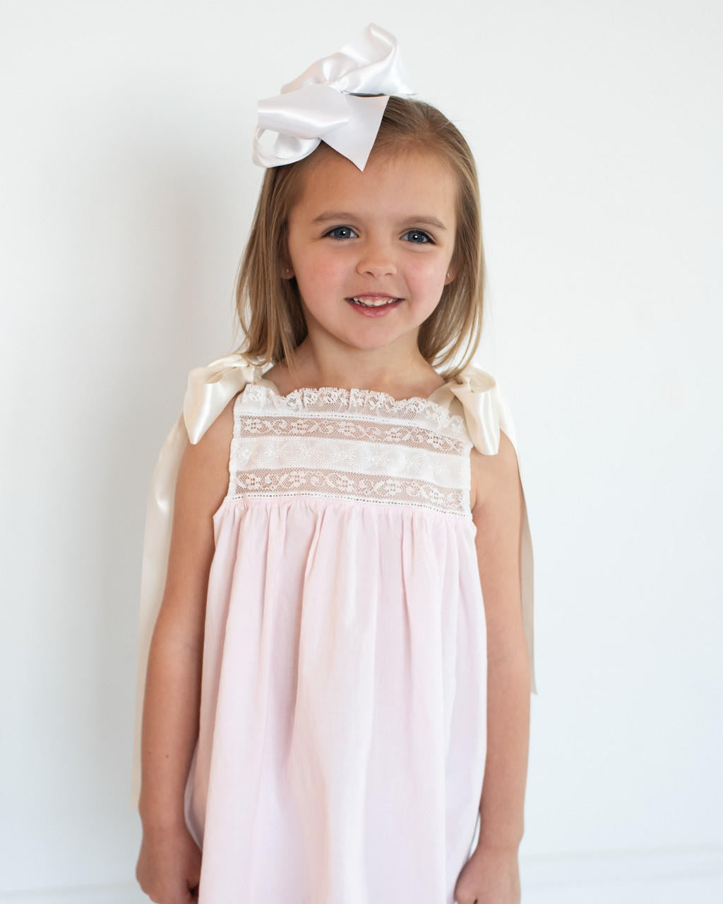 Pink Heirloom Satin Shoulder Tie Dress Smocked Threads