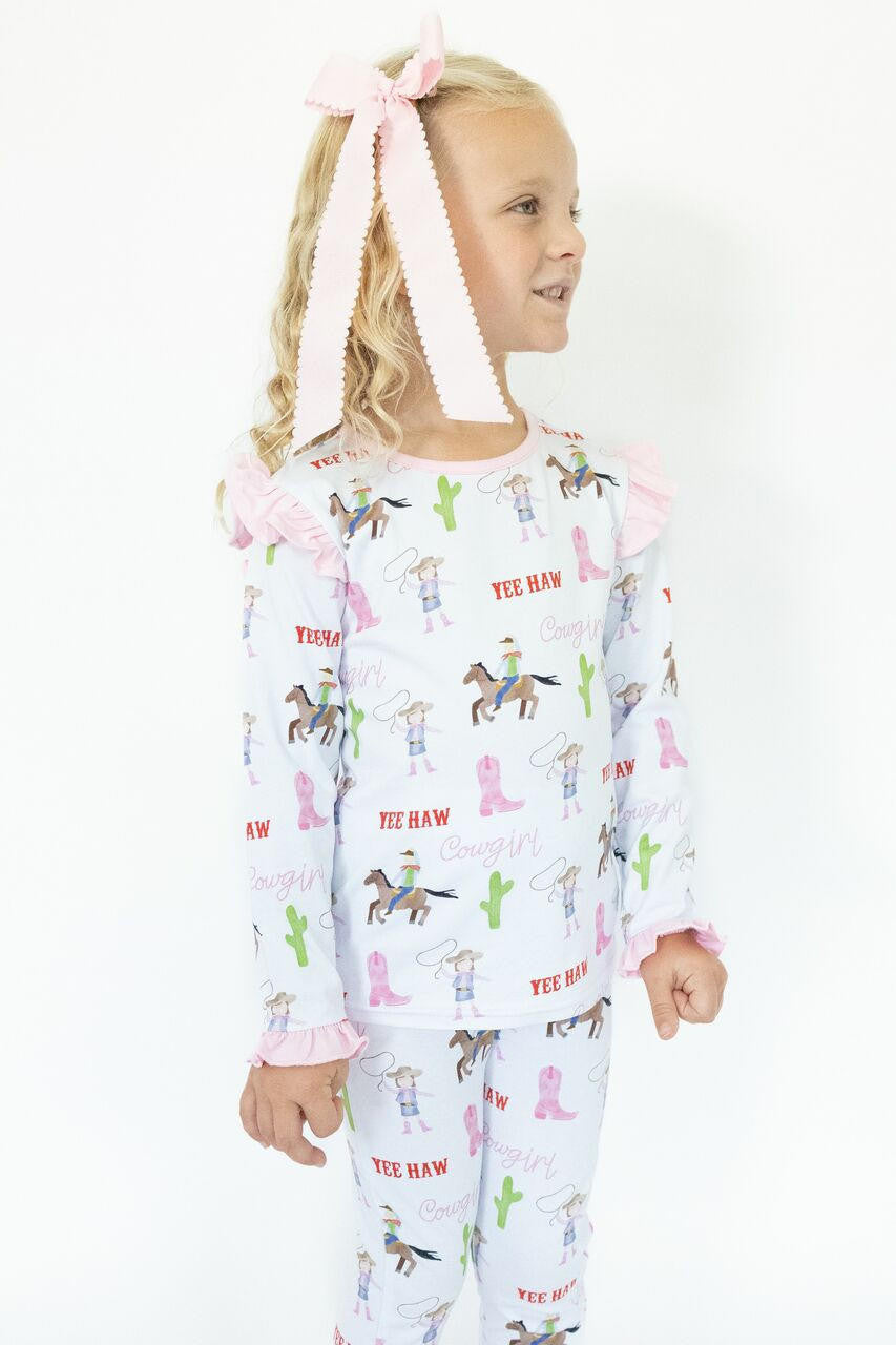 Pink Rodeo Print Knit Pajamas Smocked Threads