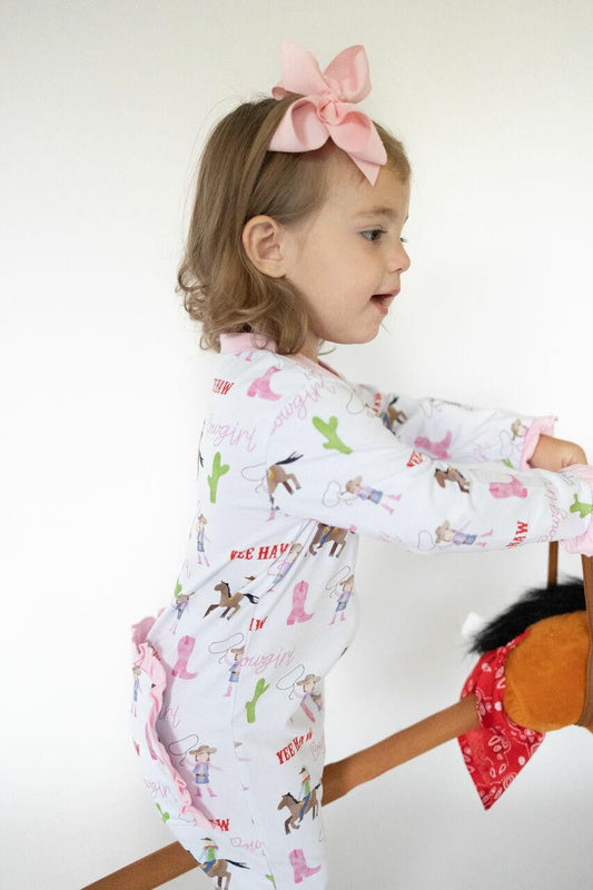 Pink Rodeo Print Knit Zipper Pajamas Smocked Threads