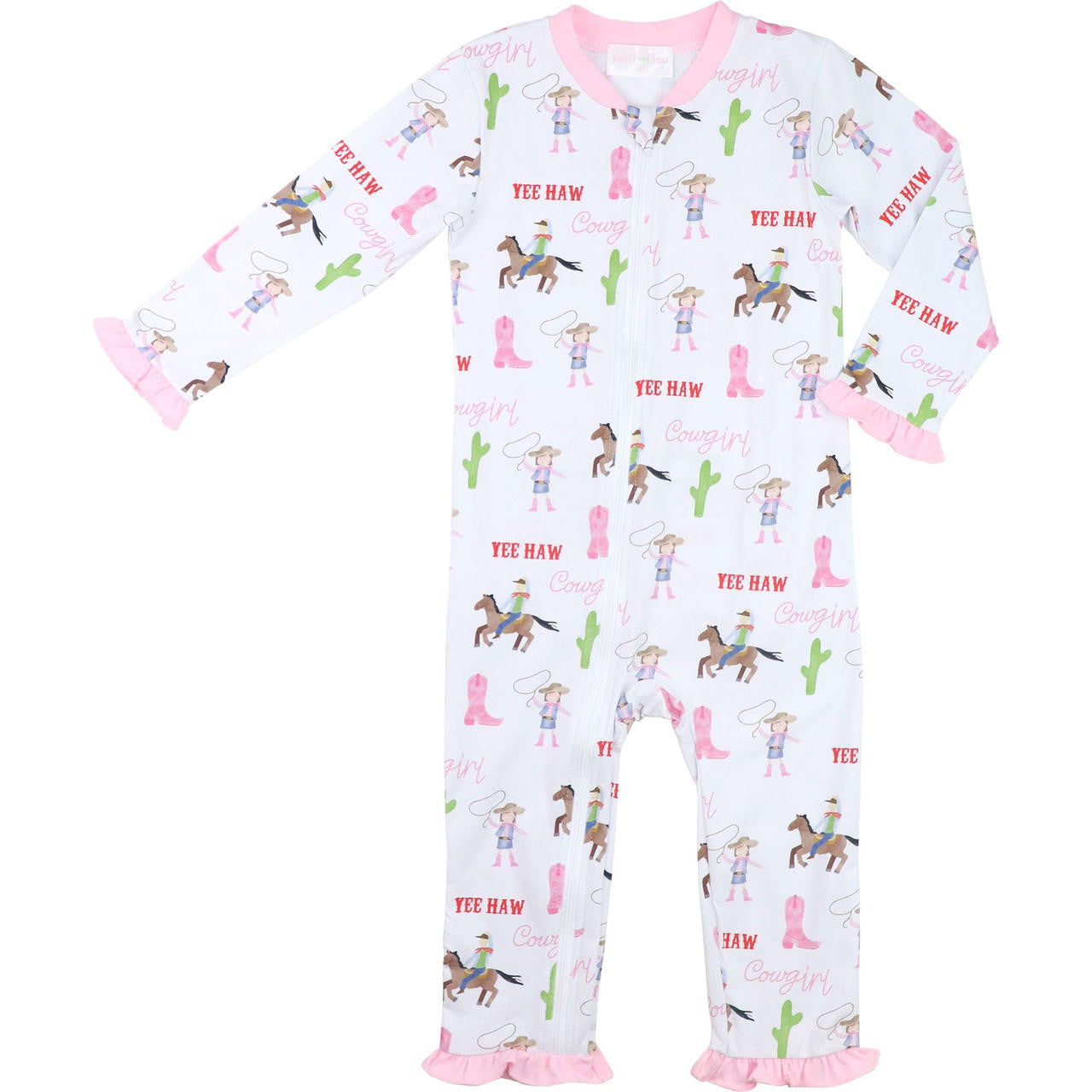 Pink Rodeo Print Knit Zipper Pajamas Smocked Threads