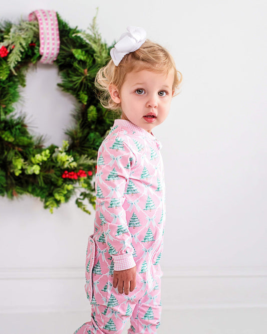 Pink And Green Knit Christmas Tree And Ribbon Zipper Pajamas