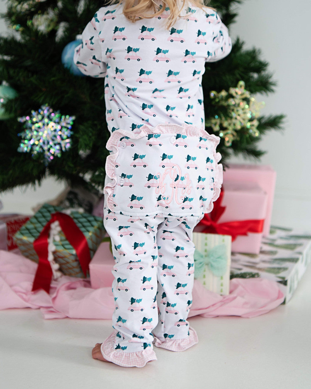 Pink Knit Christmas Car Print Zipper Pajamas
