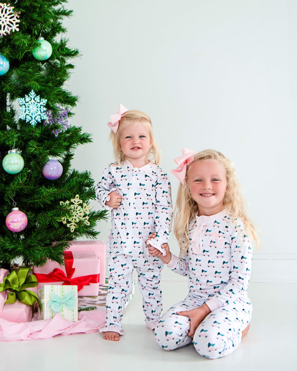 Pink Knit Christmas Car Print Zipper Pajamas