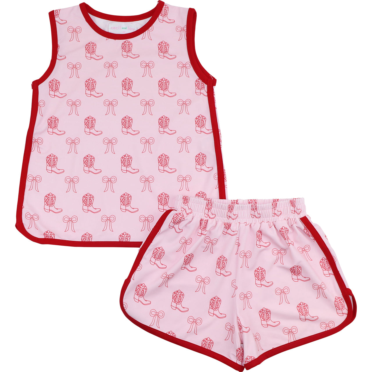 pink knit short set with cowboy boots and bows