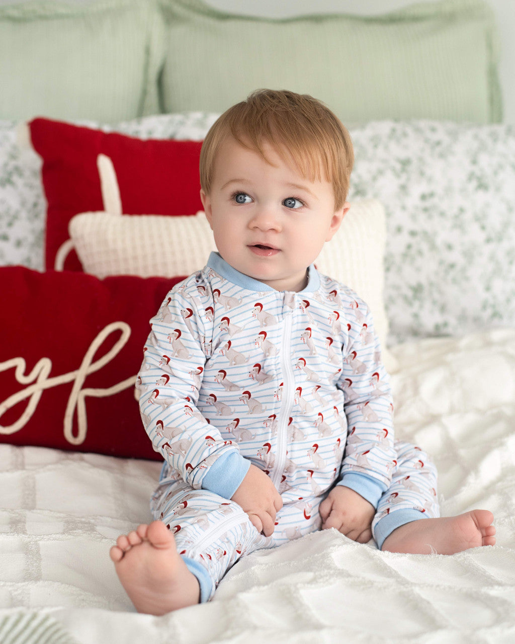 Blue Knit Stripe Holiday Puppy Zipper Pajamas