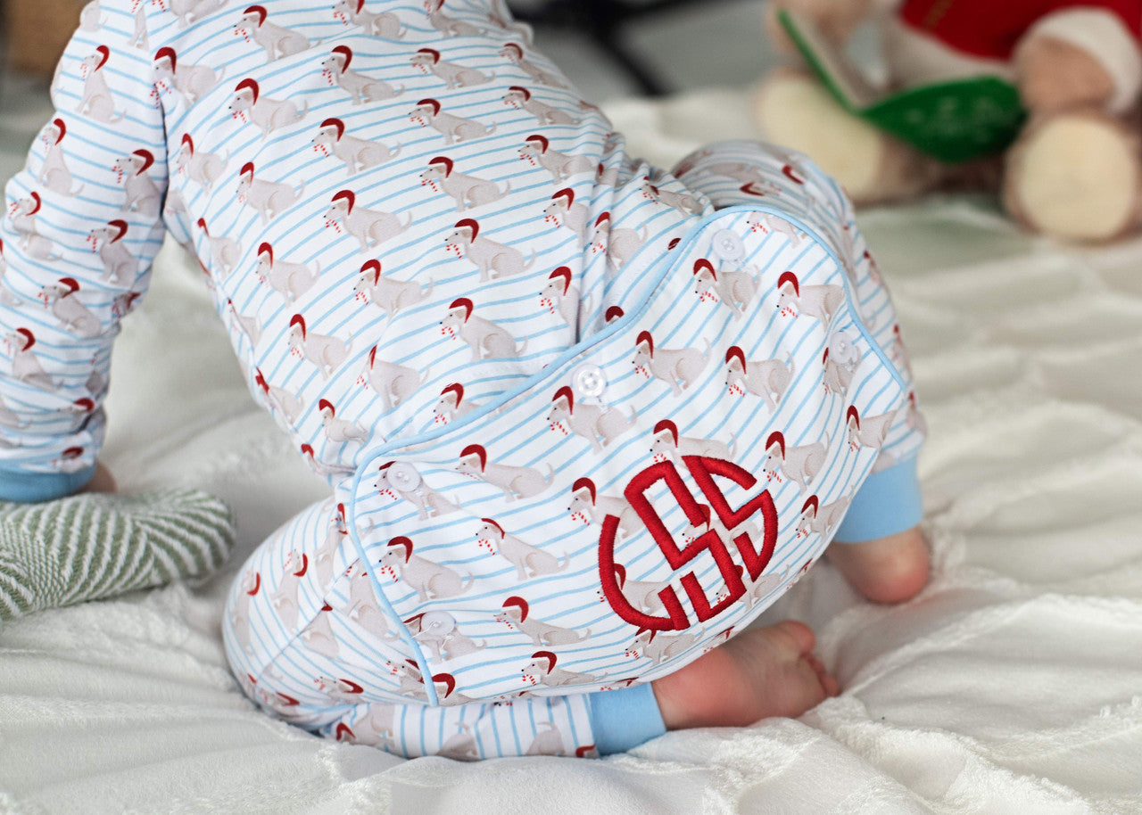 Blue Knit Stripe Holiday Puppy Zipper Pajamas