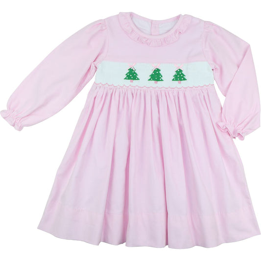 Pink Corduroy Smocked Christmas Trees Dress