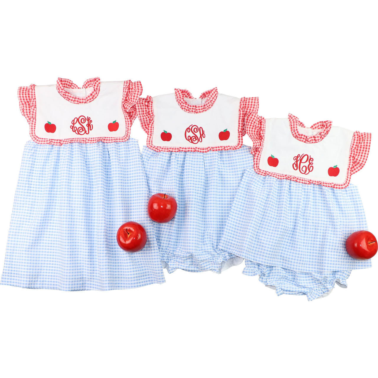 Red And Blue Gingham Apple Diaper Set - Shipping Late July Monogram