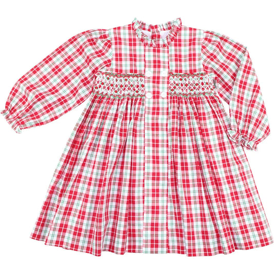 Red and Green Plaid Geometric Smocked Dress