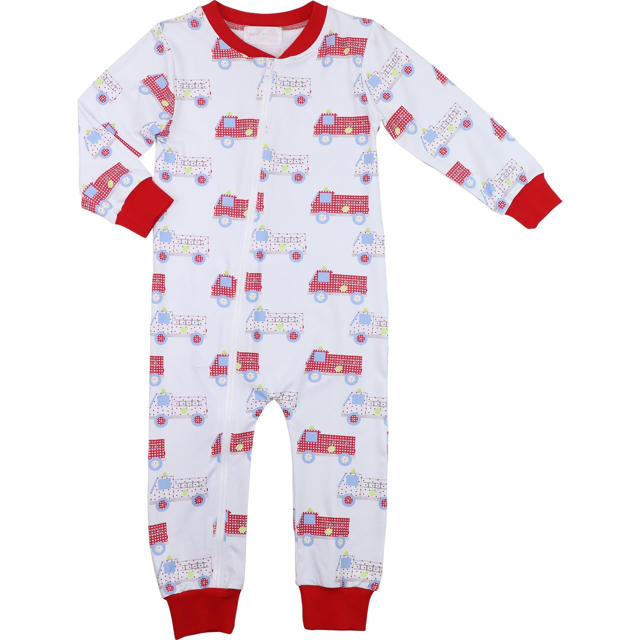 Red And White Knit Firetruck Zipper Pajamas Smocked Threads