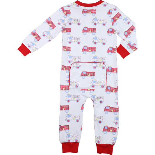 Red And White Knit Firetruck Zipper Pajamas Smocked Threads