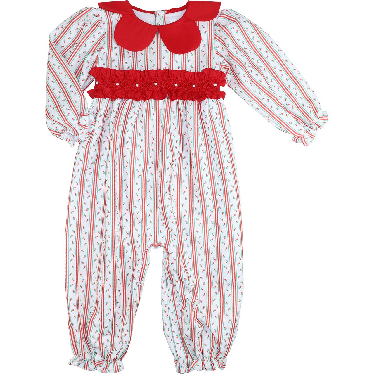 Red And Green Rosebud Smocked Petal Collar Long Bubble