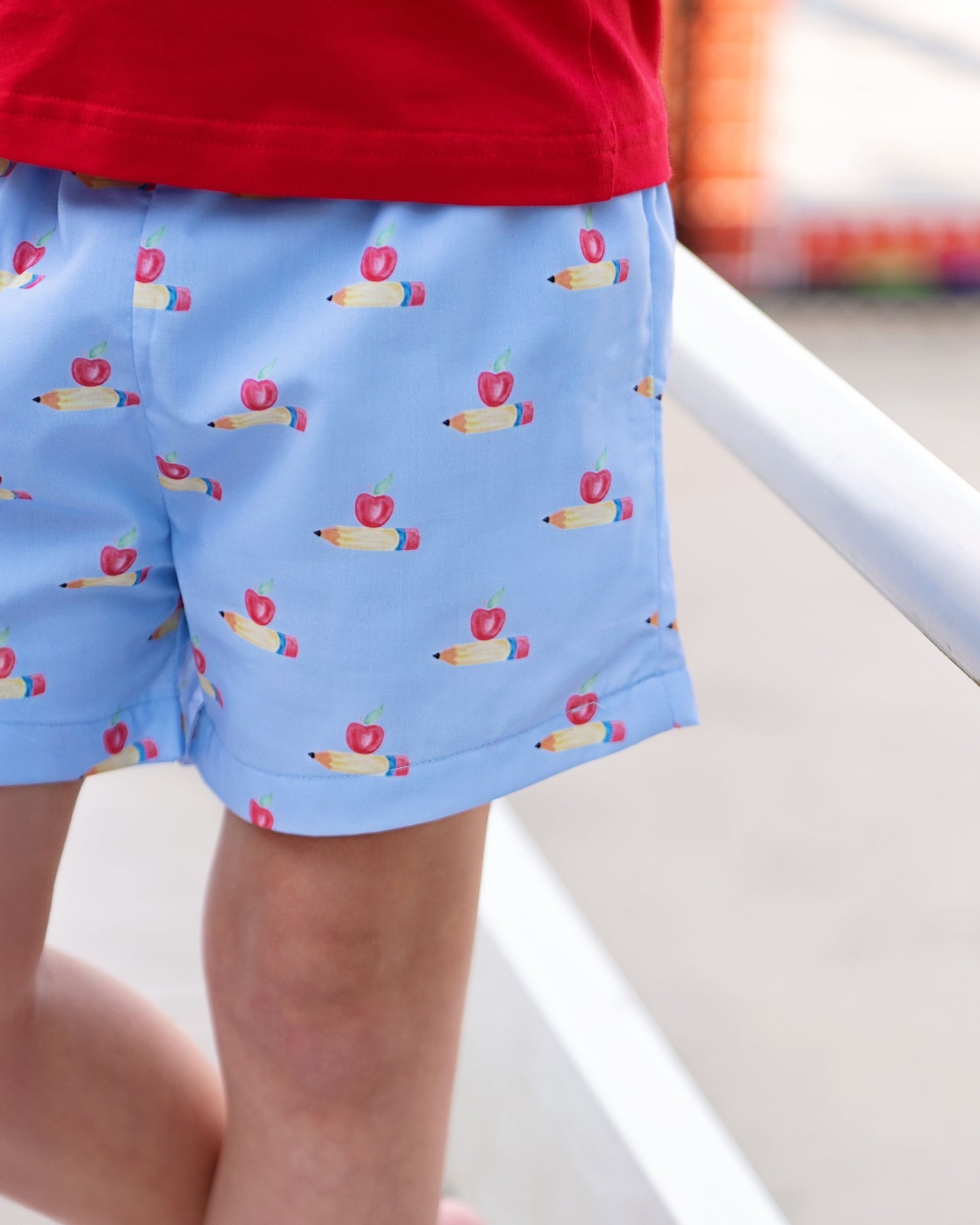 Blue And Red Pencil And Apple Polo Short Set