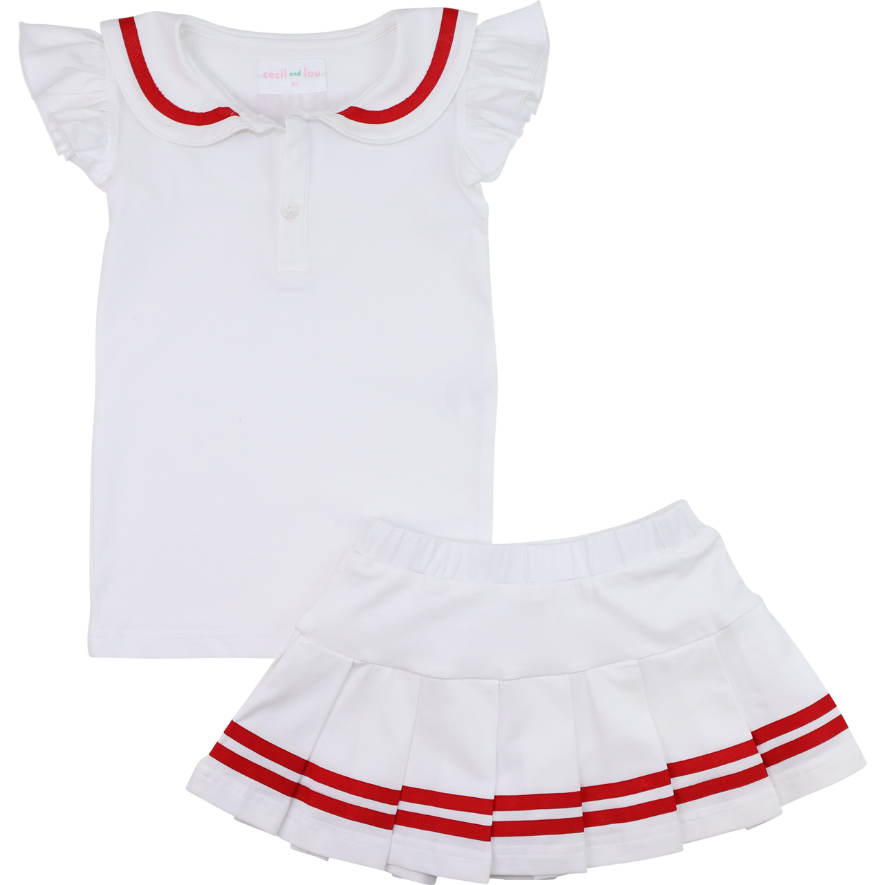 White top with red trim and white skirt with red stripes on a white background