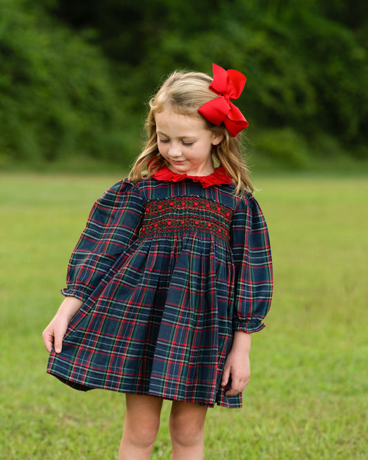 Navy And Red Plaid Smocked Dress