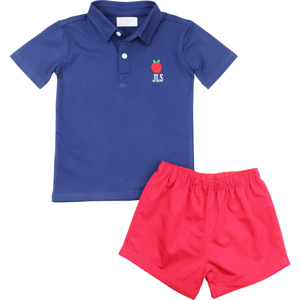Navy And Red Embroidered Apple Polo Short Set