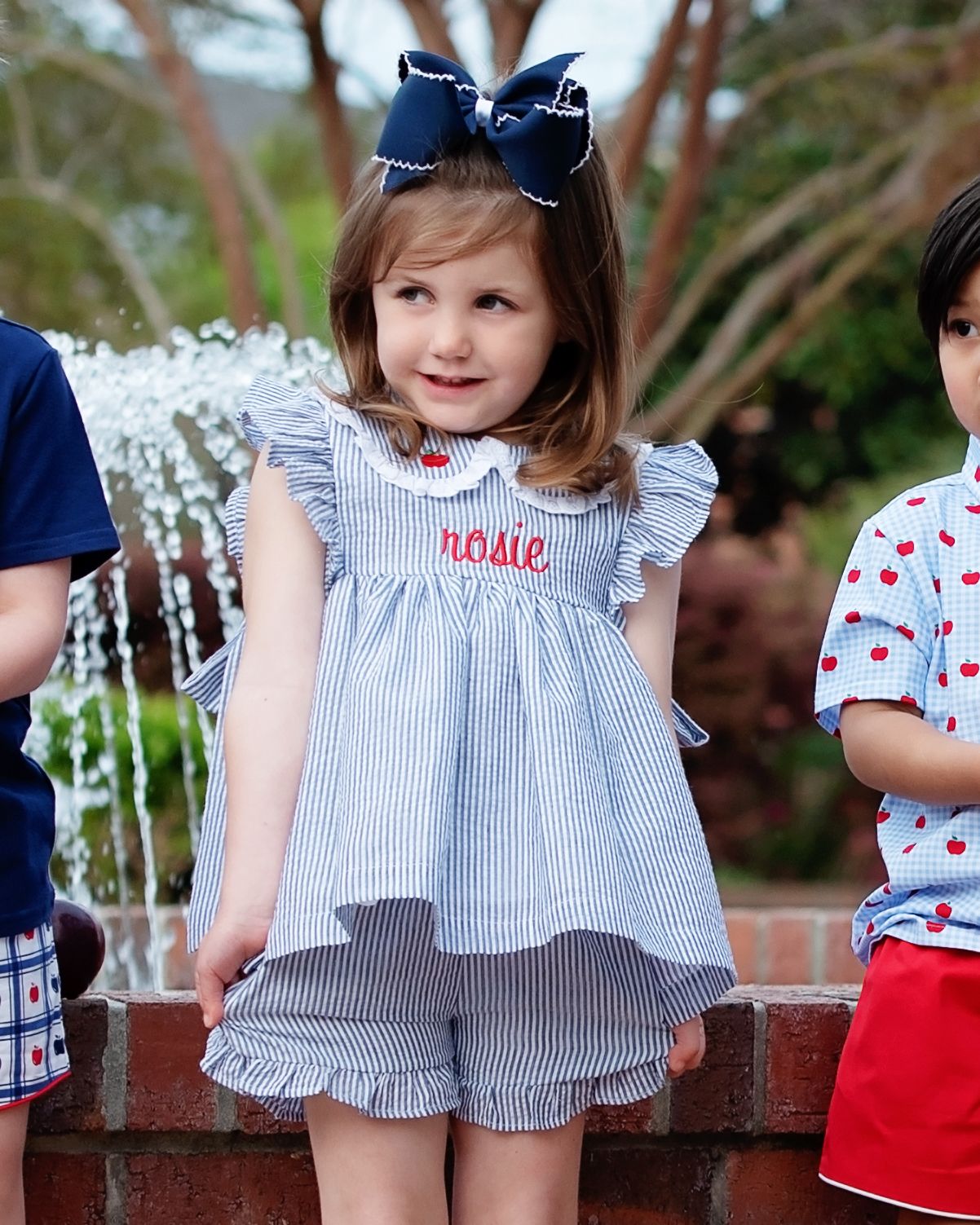 Navy Seersucker Apple Short Set
