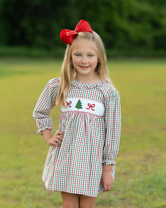Red And Green Windowpane Smocked Christmas Tree And Bow Dress