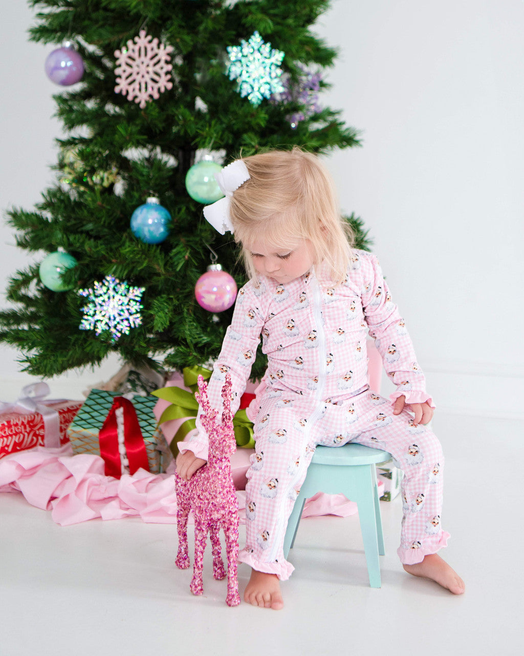 Pink Gingham Knit Santa Zipper Pajamas