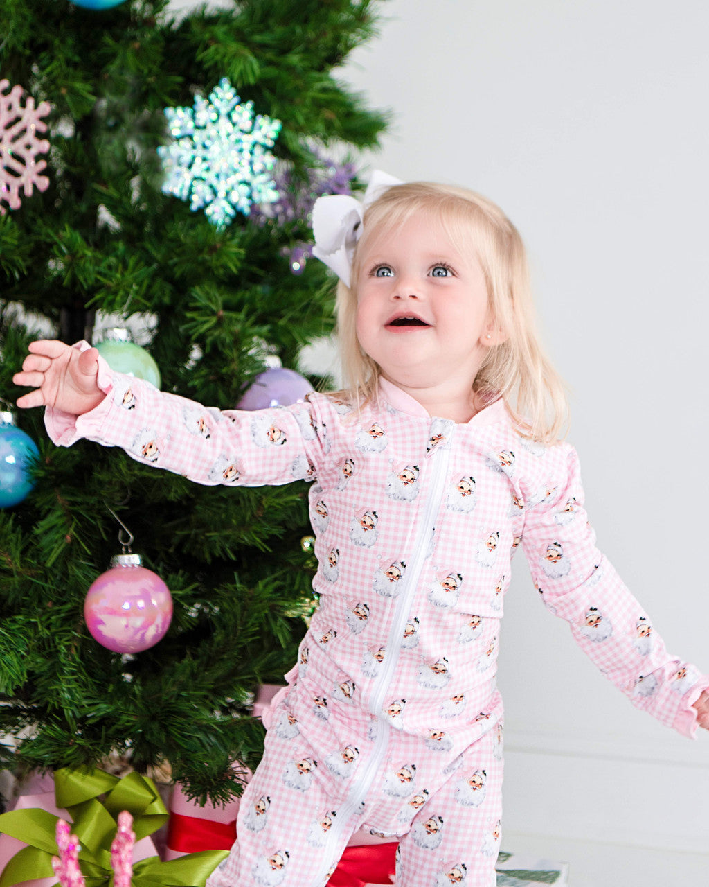 Pink Gingham Knit Santa Zipper Pajamas
