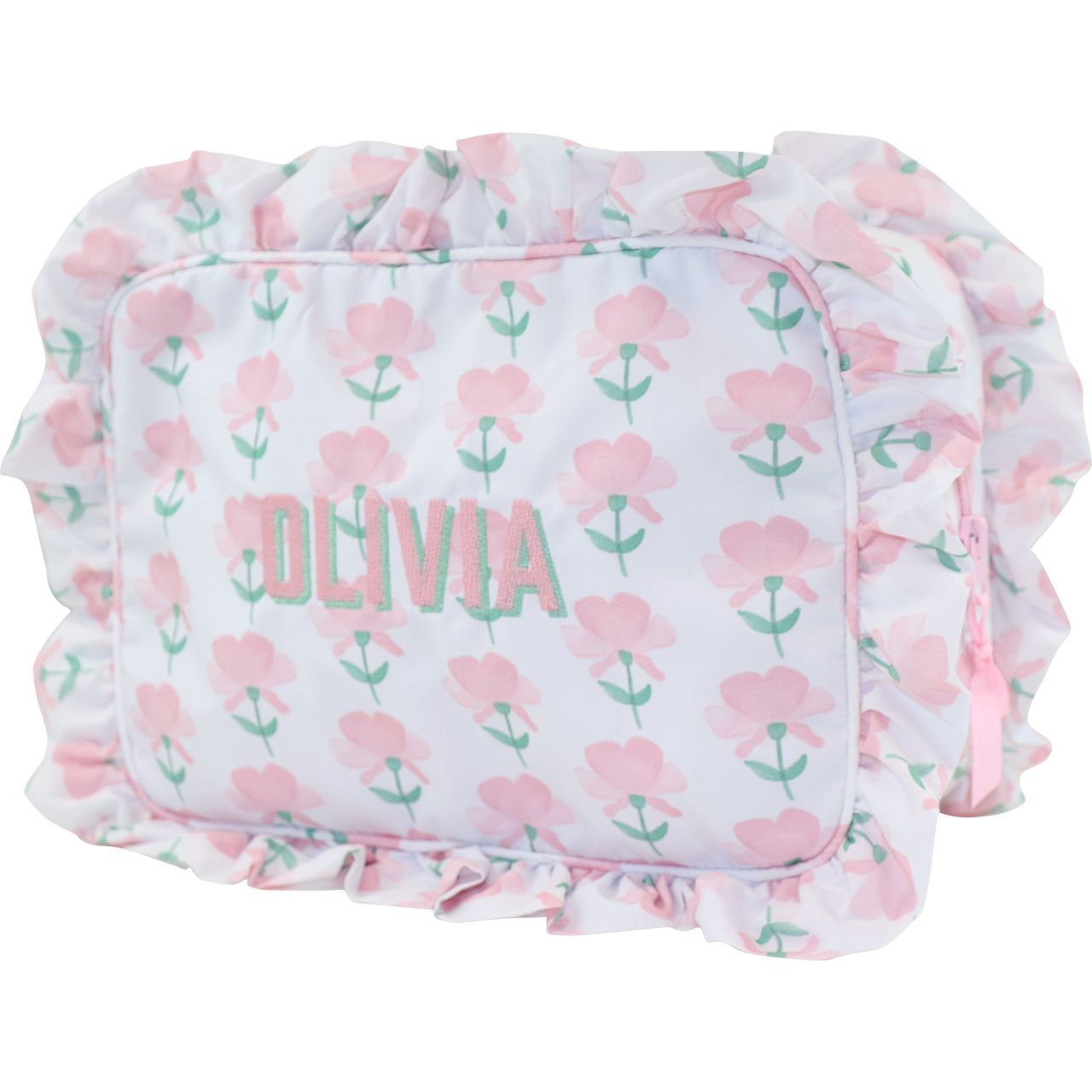 Pink And Green Floral Ruffle Zipper Pouch