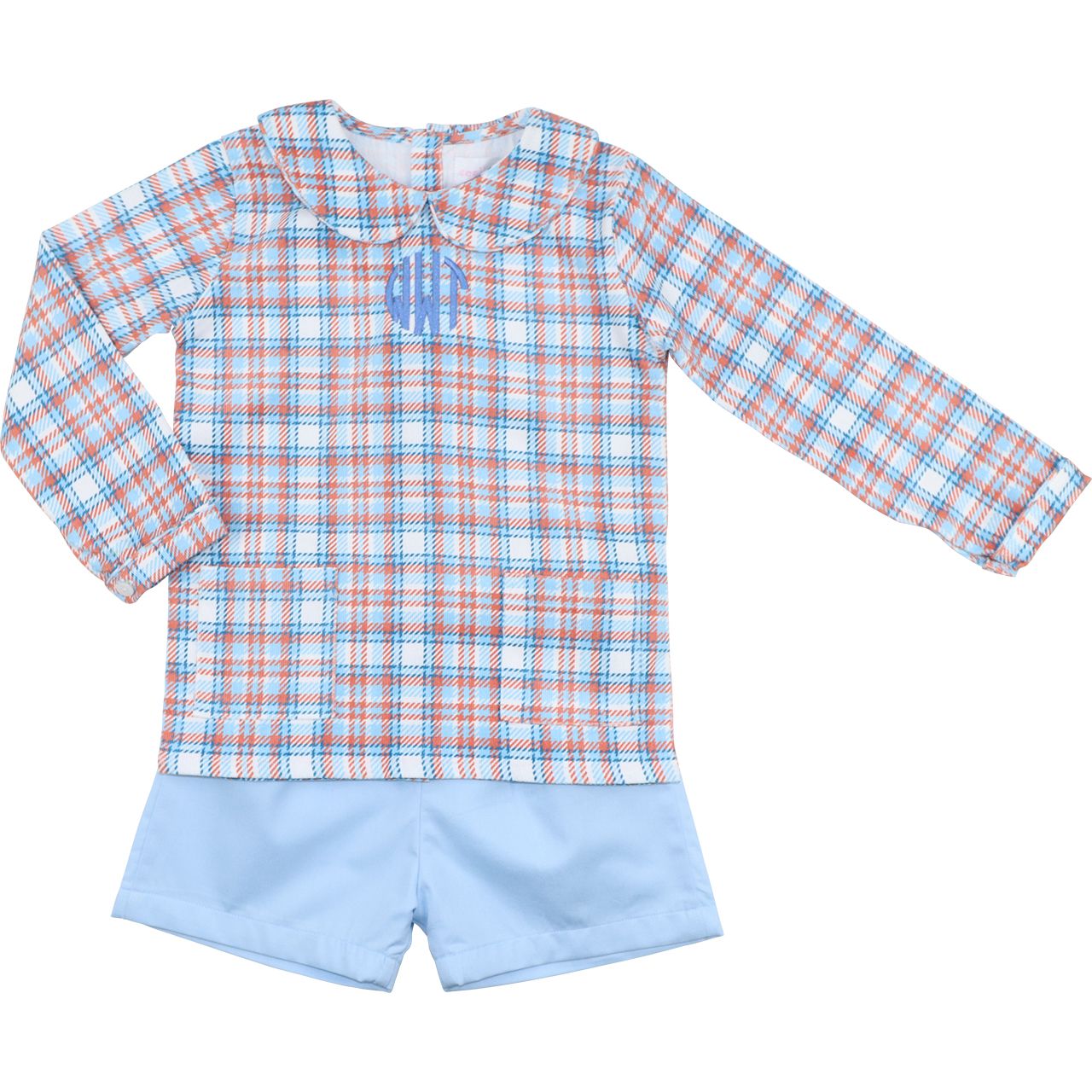 Blue And Orange Corduroy Plaid Short Set