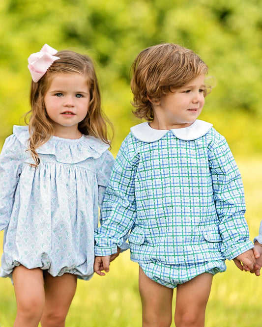Blue and Green Windowpane Corduroy Diaper Set