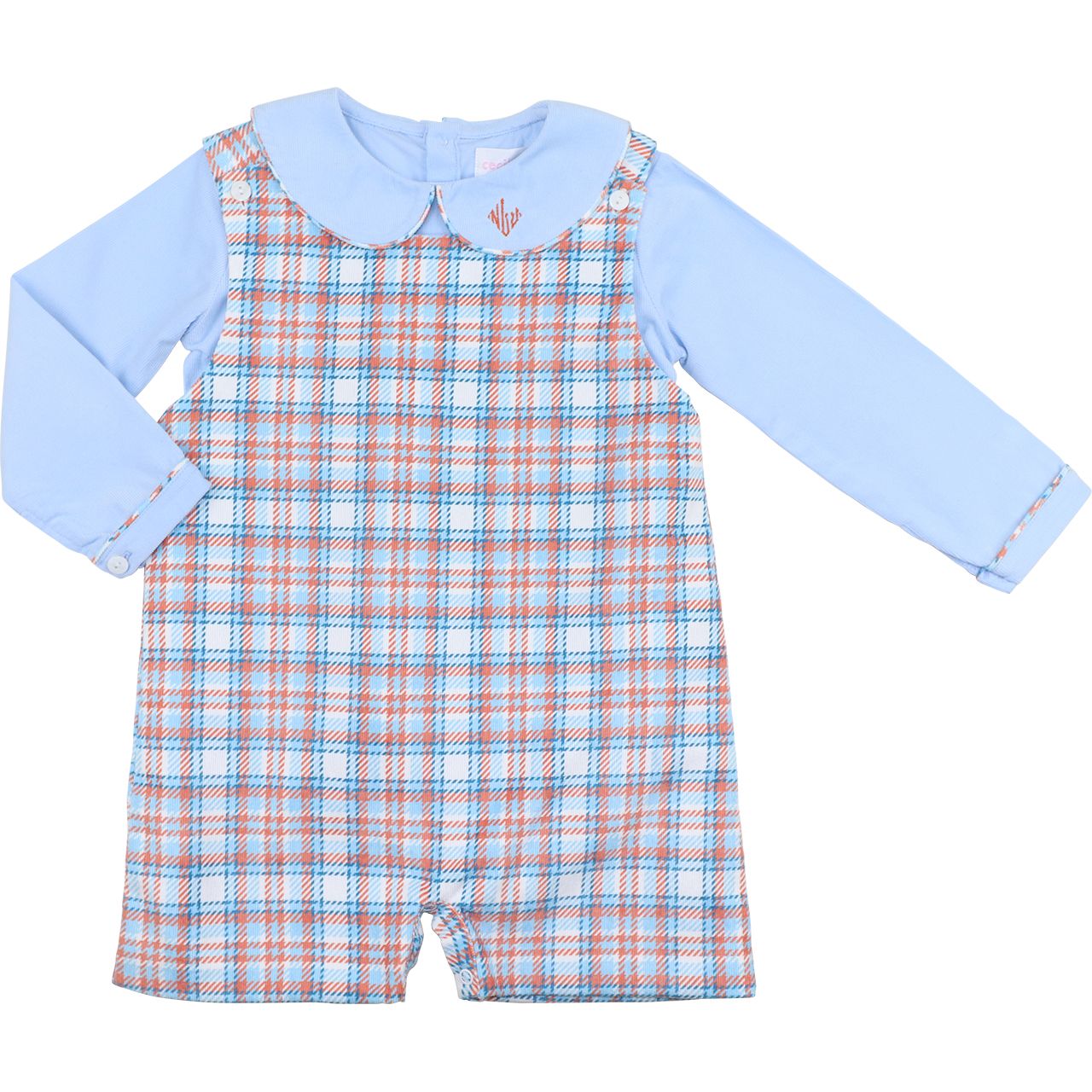 Blue And Orange Corduroy Plaid Short Romper Set