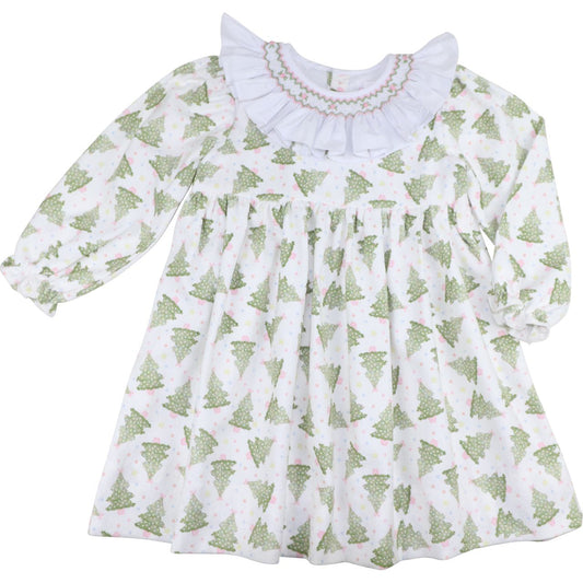 Pink And Green Smocked Christmas Tree Dress
