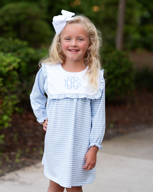 Blue Striped Knit Square Collar Dress