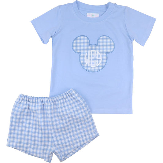 Blue Plaid Applique Mouse Ears Short Set