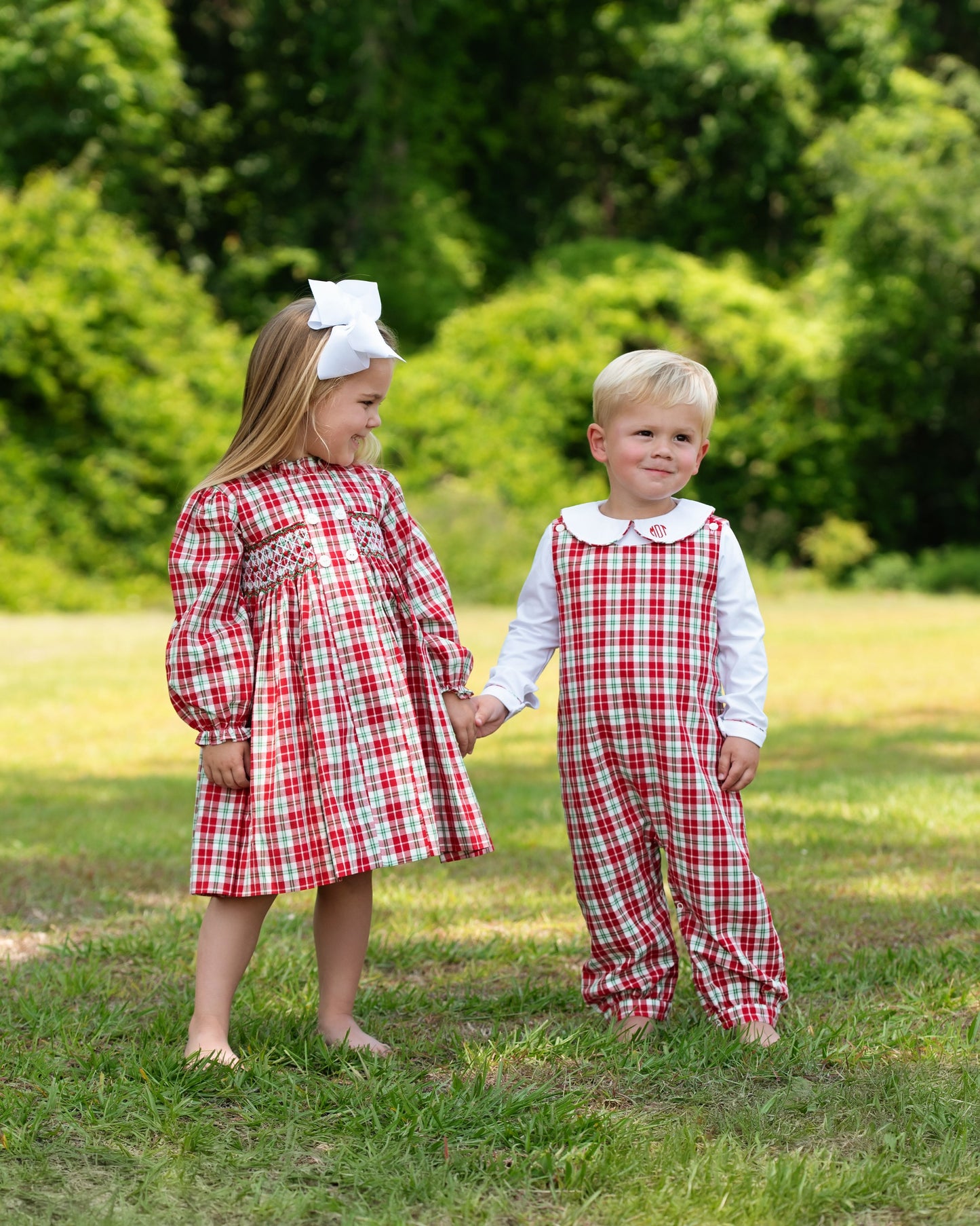 Red And Green Plaid Geometric Smocked Dress