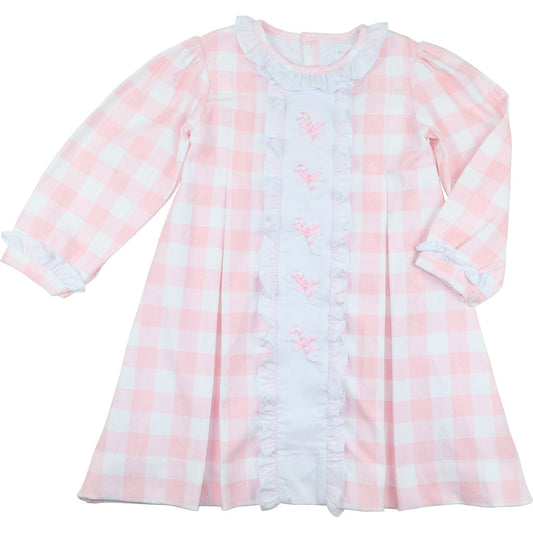 Pink Corduroy Check Embroidered Candy Cane Dress