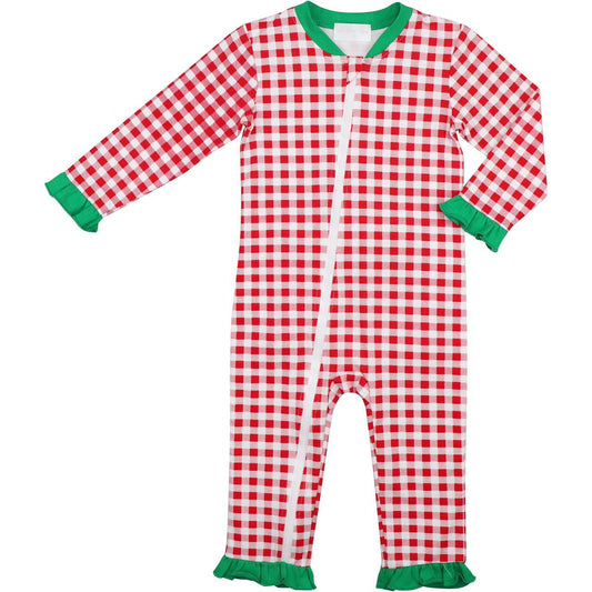 Red And Green Check Ruffle Knit Zipper Pajamas