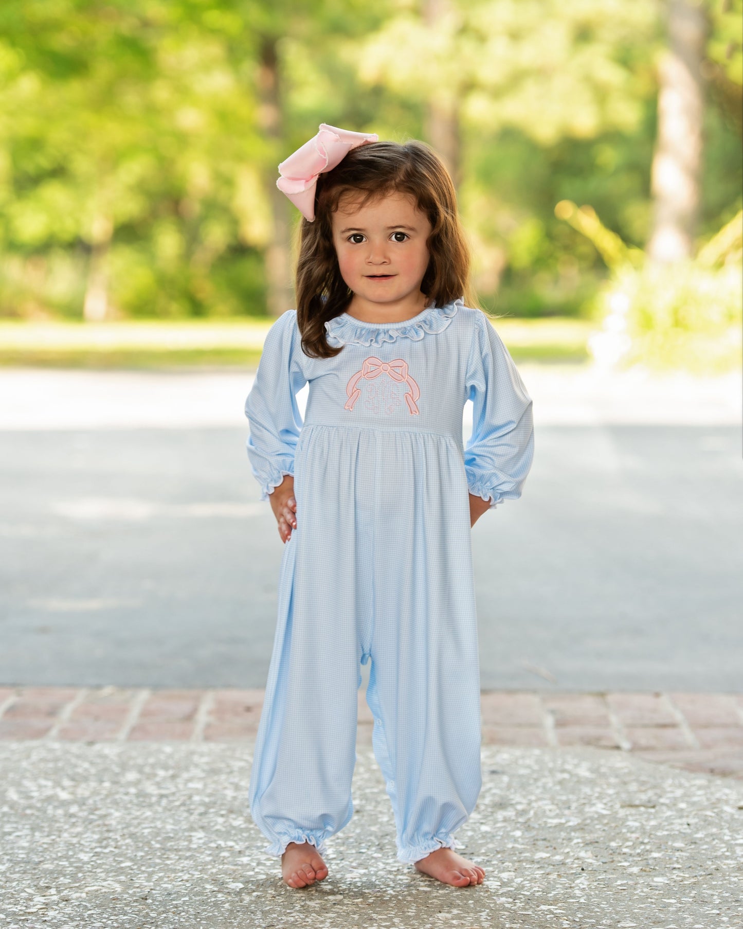 Blue Gingham Knit Applique Bow Long Bubble