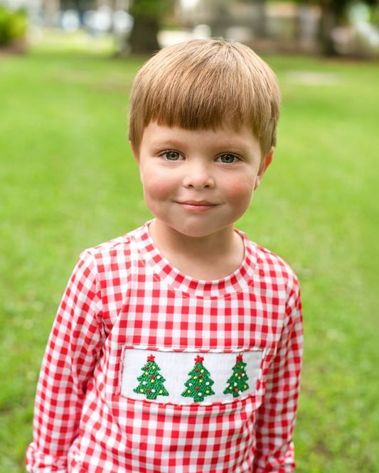 Red Check Knit Smocked Christmas Tree Shirt