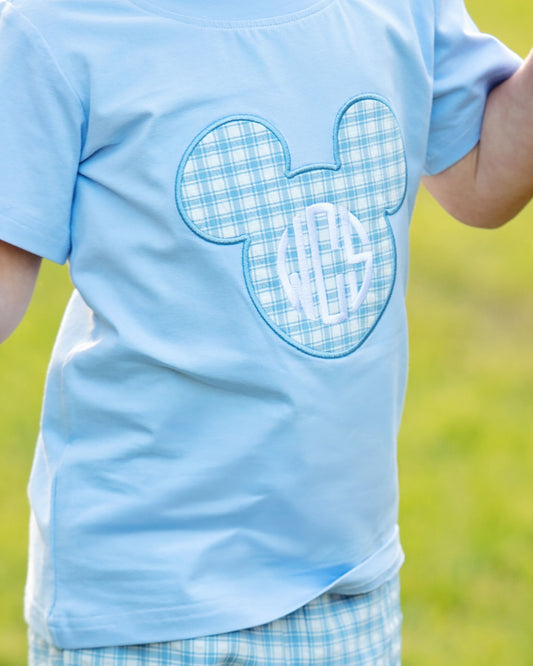 Blue Plaid Applique Mouse Ears Short Set