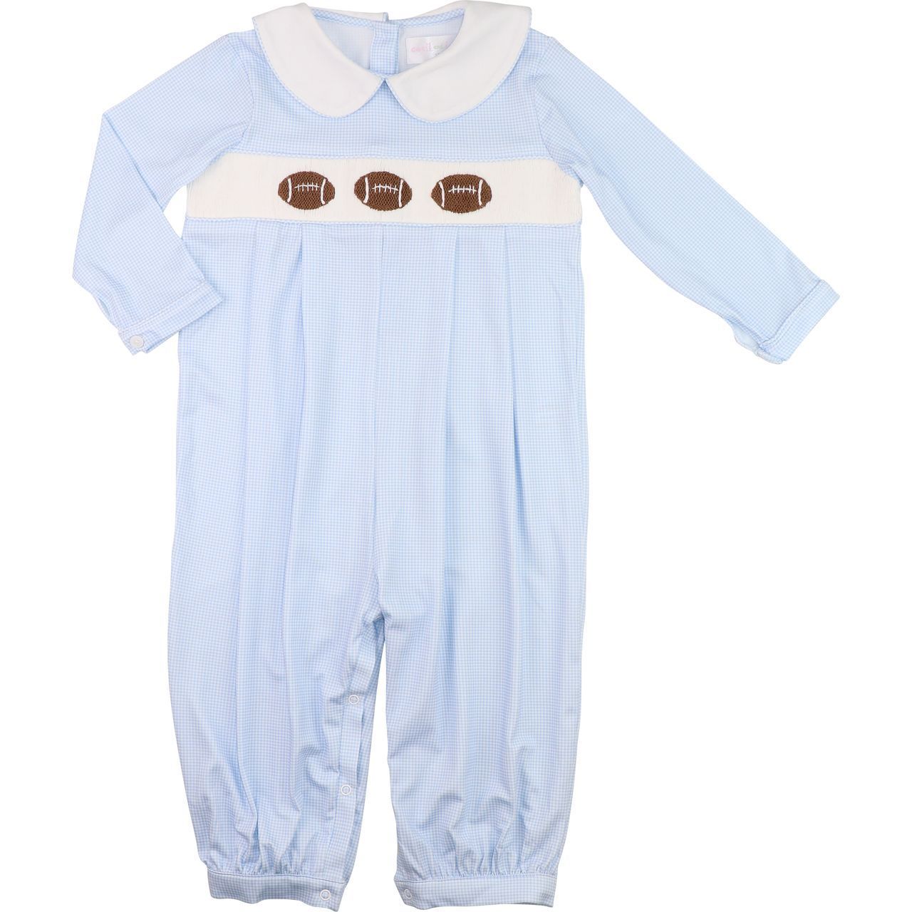 Blue Gingham Knit Smocked Footballs Long Romper