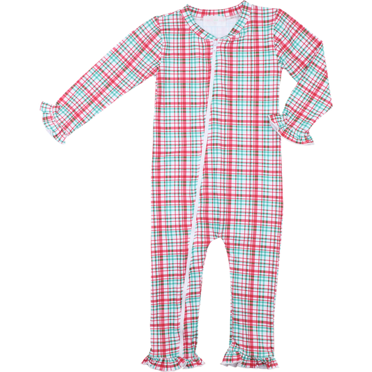 Red And Green Plaid Knit Zipper Ruffle Pajamas