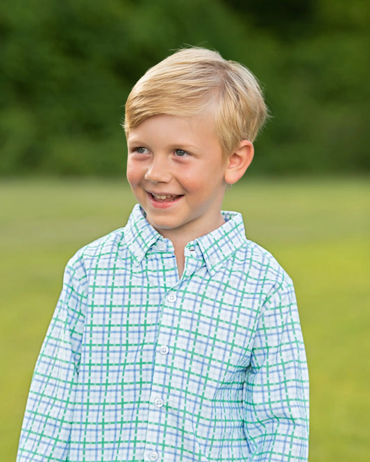 Blue and Green Windowpane Corduroy Button Down Shirt