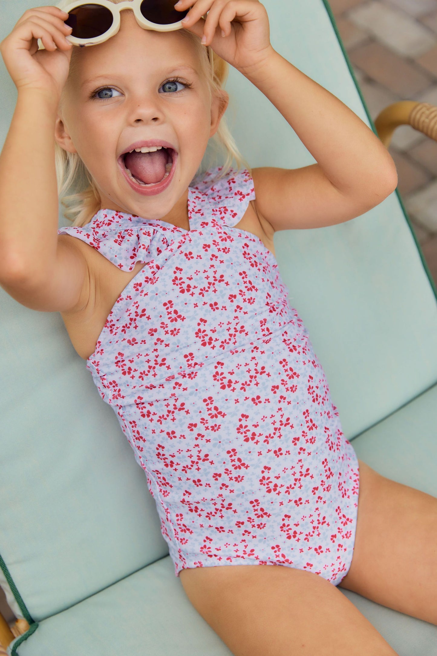 Red And Blue Floral Lycra Swimsuit