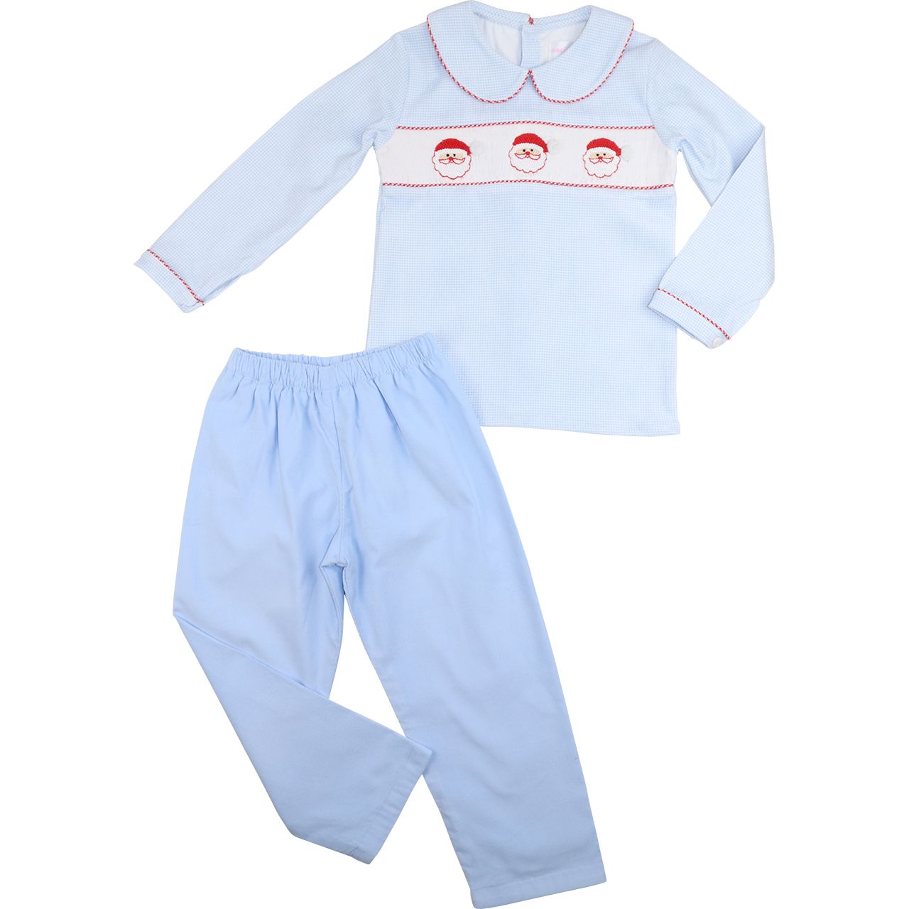 Blue Gingham Smocked Santa Pant Set